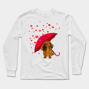 Long Hair Dachshund In Raining Heart Valentine Long Sleeve T-Shirt